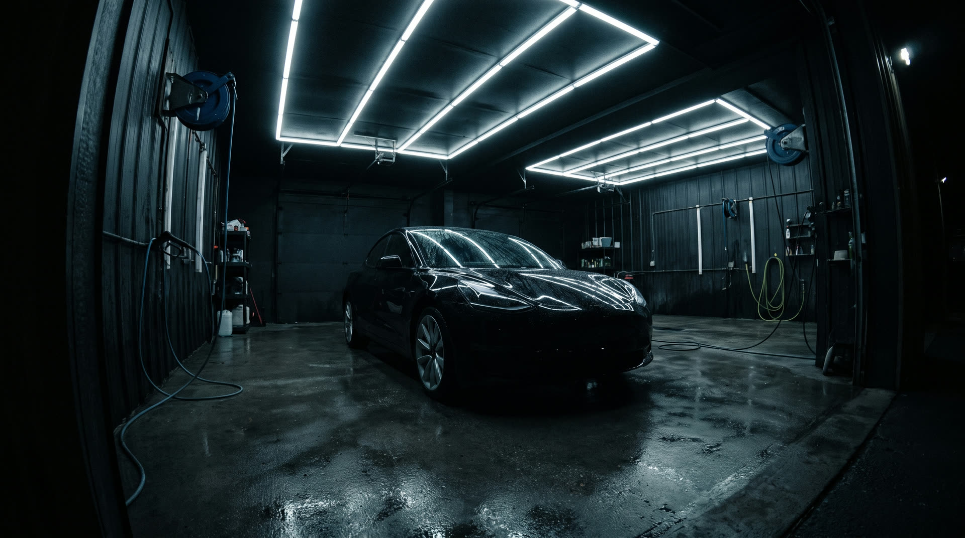 Professional detailing bay at night