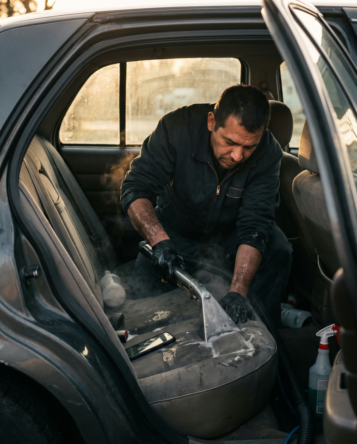 Detailer using a hot-water extractor on a car back seat