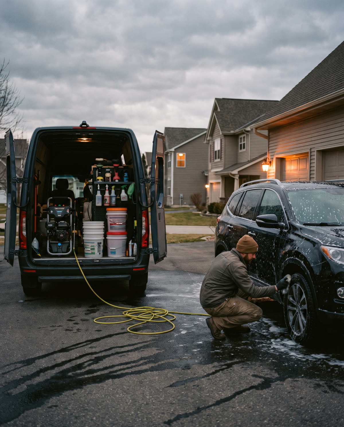 Mobile detailer working from a van in a suburban driveway