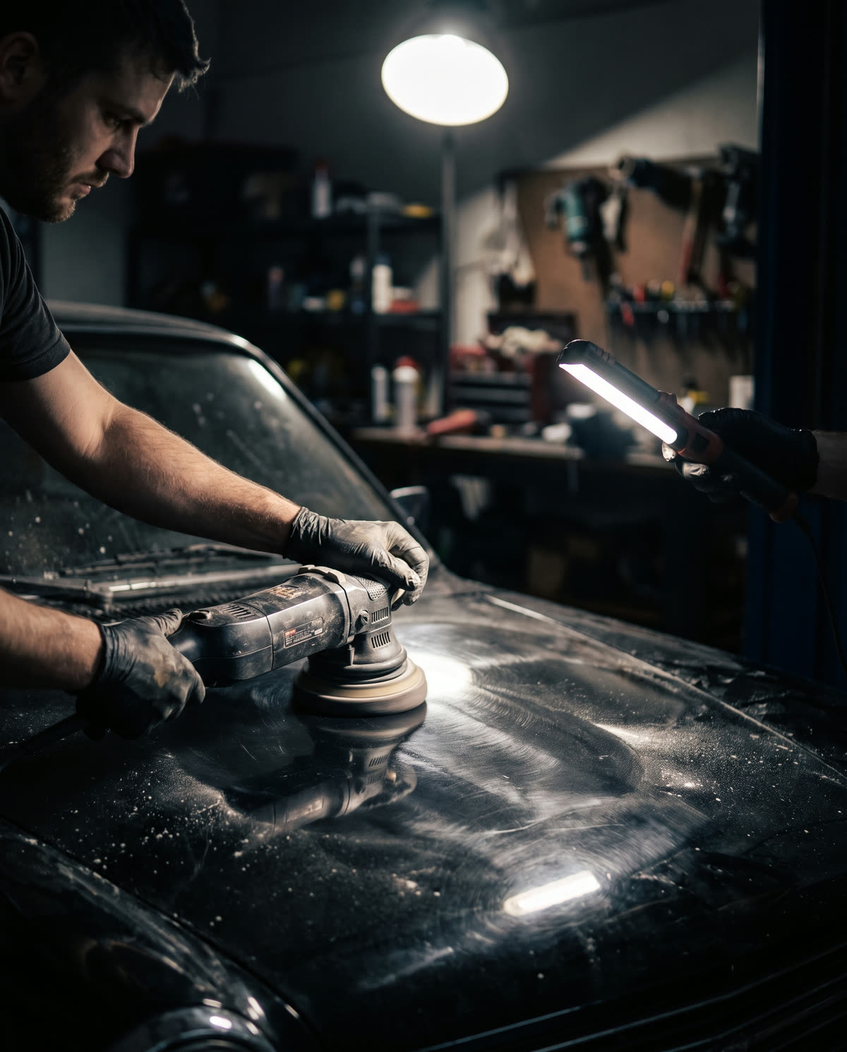 Detailer mid paint correction with an inspection light