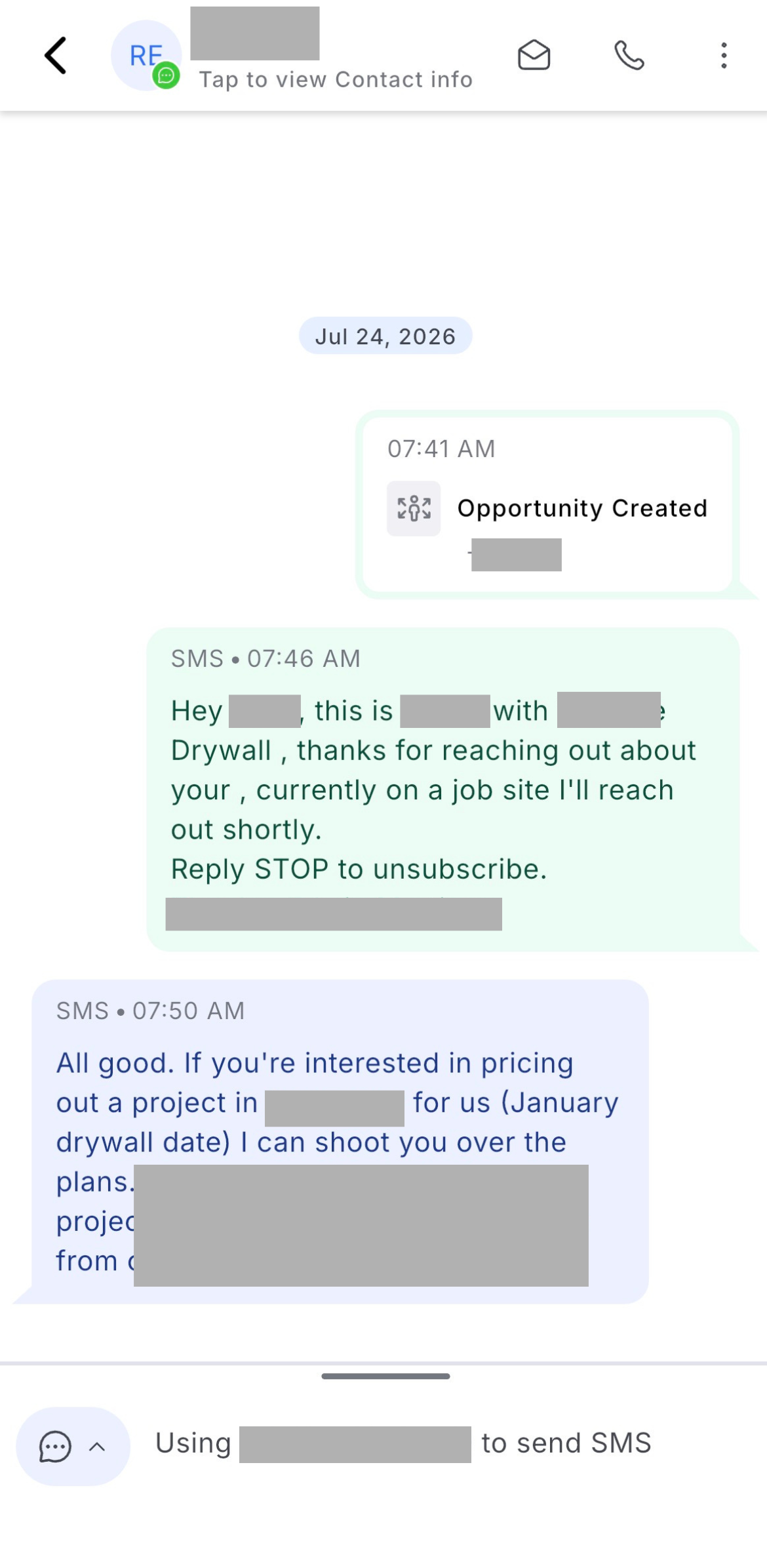 Redacted text conversation showing an automatic reply sent within five minutes