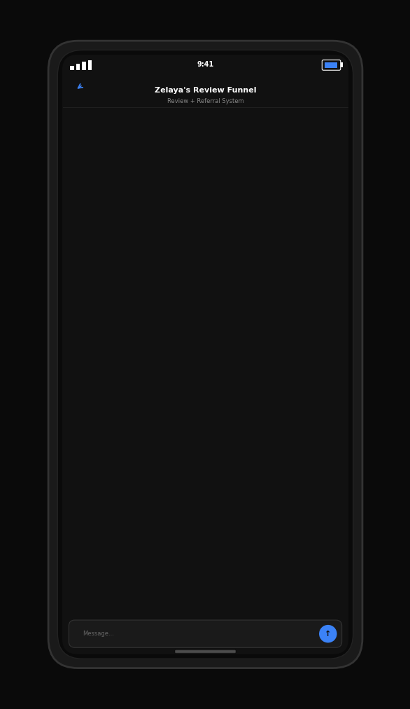 Animated phone mockup showing a review request text followed by a referral ask after a customer leaves a 5-star review