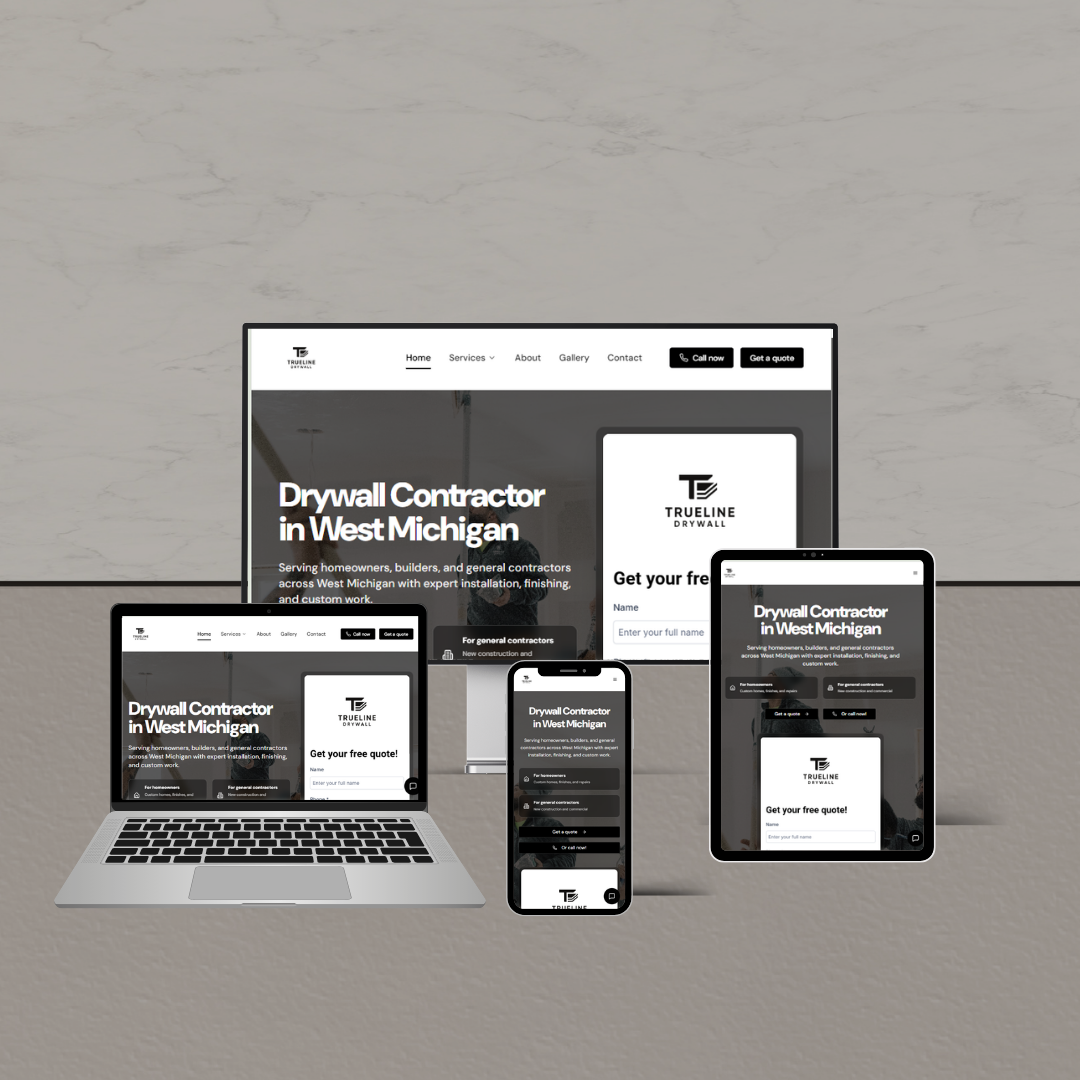 Trueline Drywall website preview showing professional contractor layout across devices